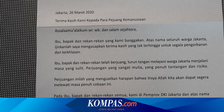 Surat Terima Kasih Anies Untuk Para Tenaga Medis Di Tengah