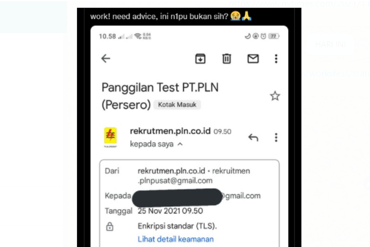 Tangkapan layar email yang mengatasnamakan PT PLN (Persero).