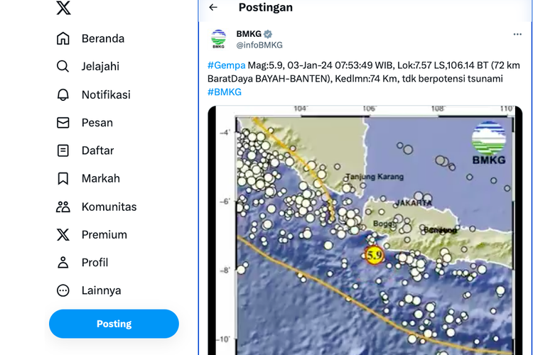 Gempa bumi magnitudo 5,9 mengguncang daerah Bayah, Banten pada Rabu (3/1/2024) pukul 07.53 WIB.