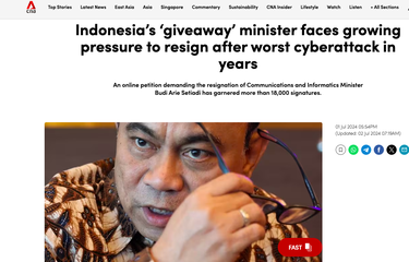 Tangkapan layar berita Channel News Asia yang menyebut jika Menkominfo Budi Arie sebagai menteri giveaway