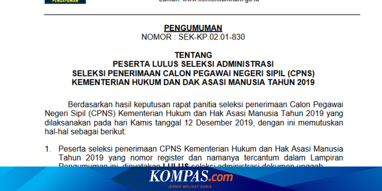 Berikut Hasil Seleksi Administrasi Cpns 2019 Di Kemenkumham 74 000 Pelamar Lolos Halaman All Kompas Com