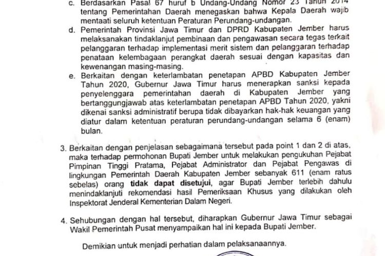 Surat dari Kemendagri terkait penolakan pengukuhan 611 pejabat di lingkungan Pemkab Jember 