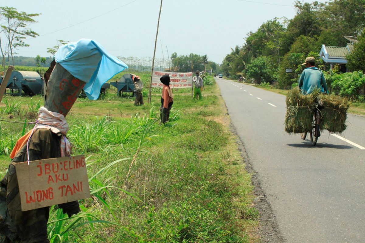 Petani melintasi orang-orangan sawah yang dipasang warga Desa Wiromartan, Kecamatan Mirit, Kabupaten Kebumen, Jawa Tengah, Selasa (30/10). Orang-orangan sawah atau disebut oleh penduduk lokal hantu sawah (memedi sawah) dipasang petani berjajar di sepanjang Jalan Daendels yang merupakan ruas jalur lintas selatan-selatan dari Kecamatan Mirit hingga Kecamatan Ambal hampir sepanjang 5 kilometer.

 *** Local Caption *** Petani melintasi orang-orangan sawah yang dipasang warga Desa Wiromartan, kecamatan Mirit, Kabupaten Kebumen, Jawa Tengah, Senin (30/10). Orang-orangan sawah atau disebut penduduk lokal dengan sebutan hantu sawah (medi sawah) dipasang petani berjajar di sepanjang Jalan Daendels yang merupakan ruas Jalur Lintas Selatan-selatan (JLSS) dari Kecamatan MIrit hingga Kecamatan Ambal sepanjang hingga lima kilometer. Pemasangan 