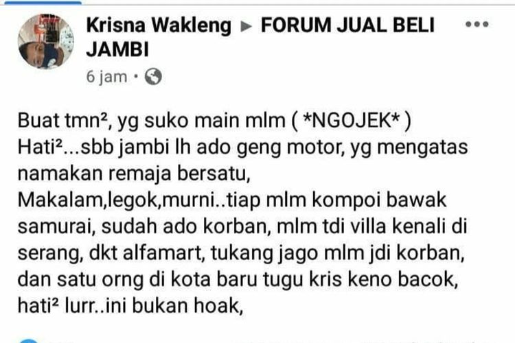 Screenshot info beredar di sosial media Jambi tentang geng motor remaja yang bawa-bawa senjata tajam.