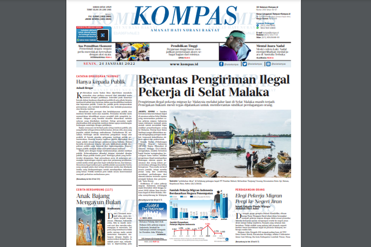 Tangkap layar harian Kompas edisi 24 Januari 2022 dengan berita utama di halaman 1 menyoroti fenomena pemberangkatan pekerja migran ilegal.