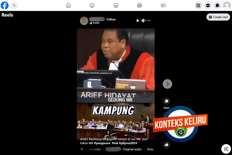 Tangkapan layar unggahan dengan konteks keliru di sebuah akun Facebook, Rabu (3/4/2024), soal Hakim MK Arief Hidayat mencancam mengusir pengacara Bambang Widjojanto saat sidang sengketa hasil Pilpres.