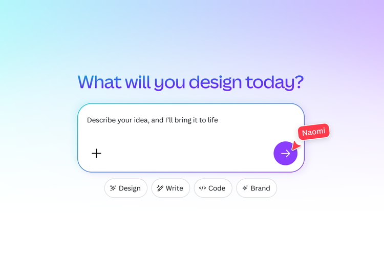 Tampilan fitur Conversational Design di Canva AI 2.0 yang memungkinkan pengguna membuat desain berdasarkan perintah suara ke teks