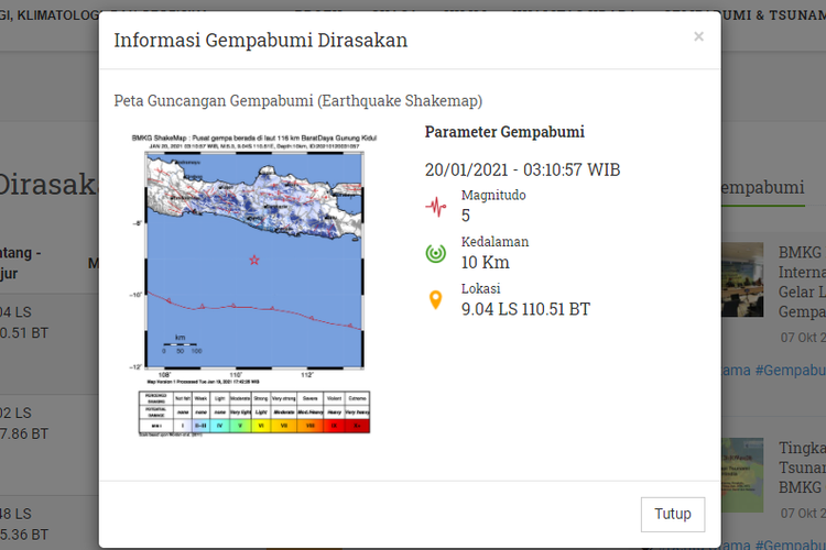 Tangkapan layar gempa bumi bermagnitudo 5,0 yang terjadi di Gunung Kidul pada Rabu, (20/1/2021) pukul 03.10 WIB.