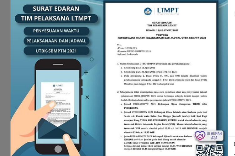 Lembaga Tes Masuk Perguruan Tinggi (LTMPT) menyampaikan pengumuman terkait penyesuaian jadwal pelaksanaan UTBK-SBMPTN.