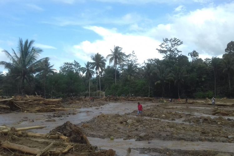 Lahan perswahan milik warga Desa Bongkaras, Kecamatan Silima Pungga-pungga, Kabupaten Dairi, rusak dihajar banjir bandang, Sabtu (22/12/2018).