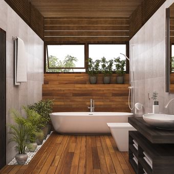Ilustrasi lantai kayu di kamar mandi. 