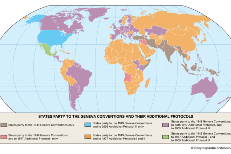 Peta yang menunjukkan negara-negara bagian dari Konvensi Jenewa dan protokol tambahannya.