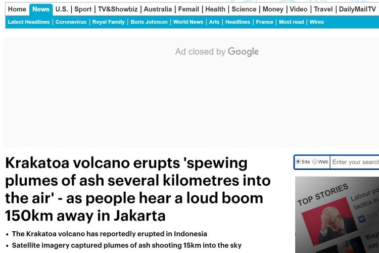 Tangkapan layar pemberitaan Daily Mail tentang erupsi Gunung Anak Krakatau, Sabtu (11/4/2020).