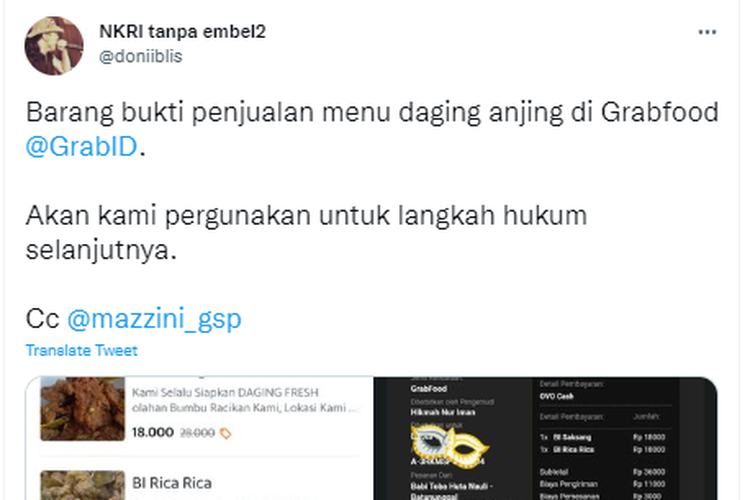 Tangkapan layar twit bukti penjualan daging anjing di platform pesan-antar makanan online.