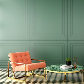 Ilustrasi ruangan dengan skema warna hijau tua dan peach.