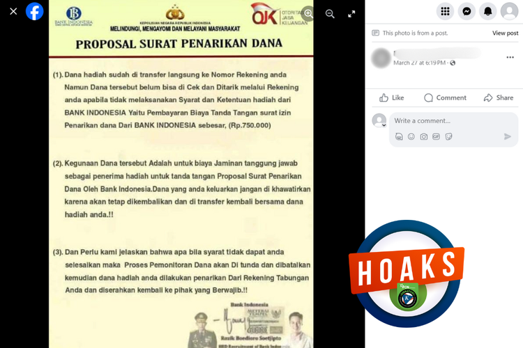 Tangkapan layar konten hoaks di sebuah akun Facebook, Rabu (27/3/2024), berisi proposal penarikan dana mencatut OJK.