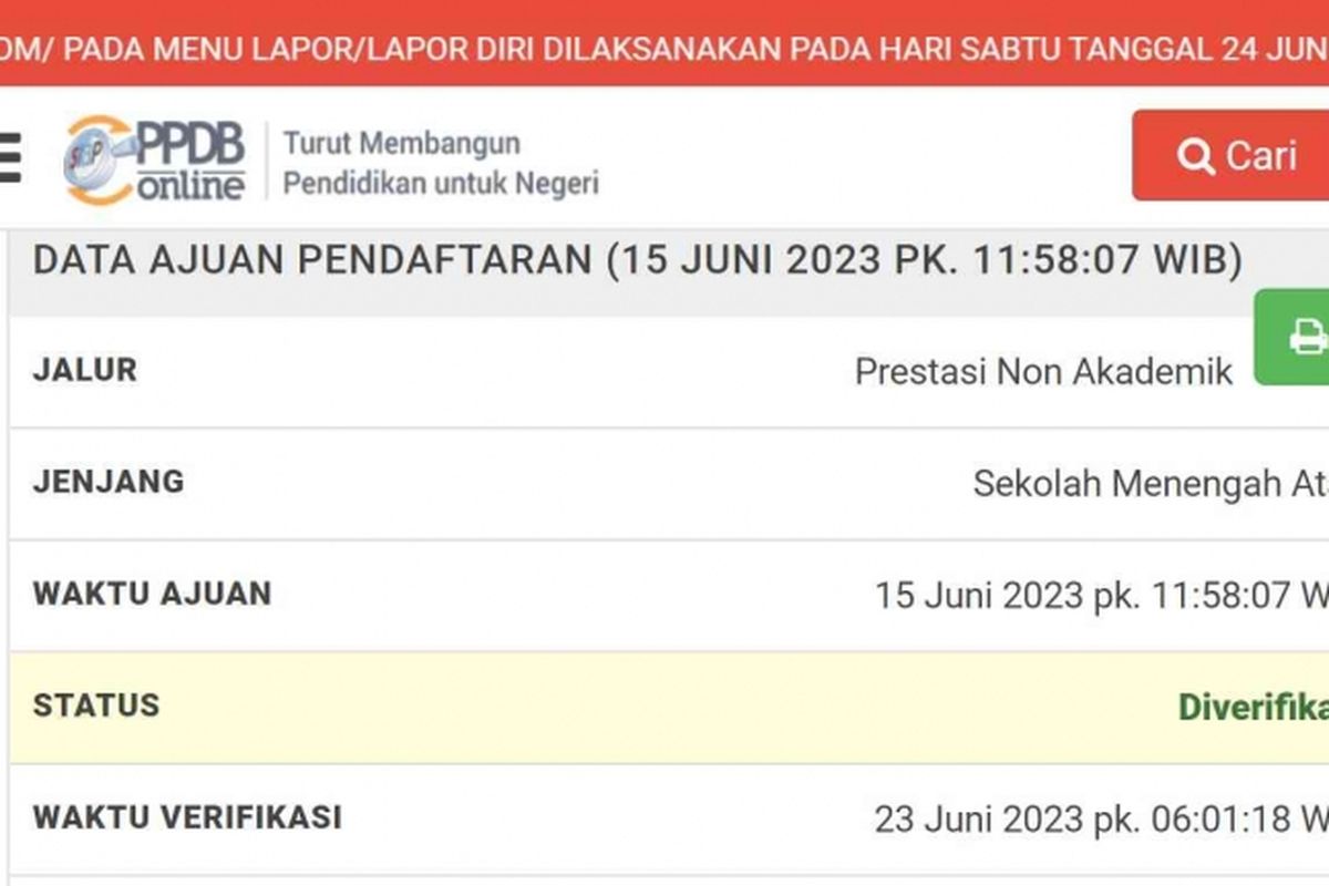 Tangkapan layar status dan keterangan pendaftaran PPDB