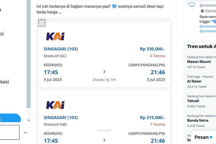 Unggahan menyebut adanya perbedaan harga pada kereta api (KA) Singasari dengan rute sama dengan kelas eksekutif namun harganya berbeda