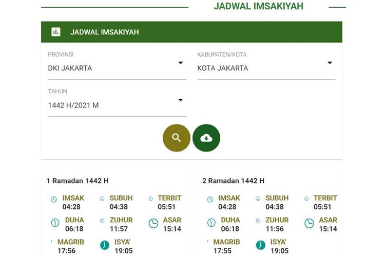 Tangkapan layar web Bimas Islam Kemenag soal Jadwal Imsakiyah 1 Ramadhan 1442 H DKI Jakarta 