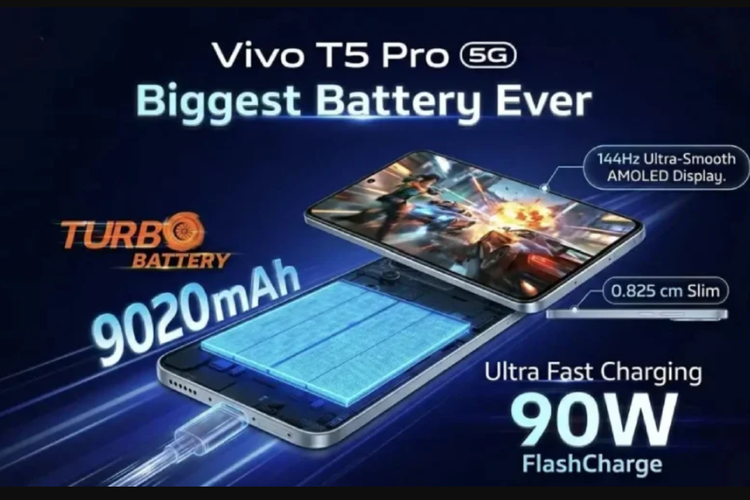 Spesifikasi Vivo T5 Pro 5G yang dirilis di India, Rabu (15/4/2026). Ponsel ini memiliki baterai jumbo dan didukung kecepatan pengisian daya 90 Watt.