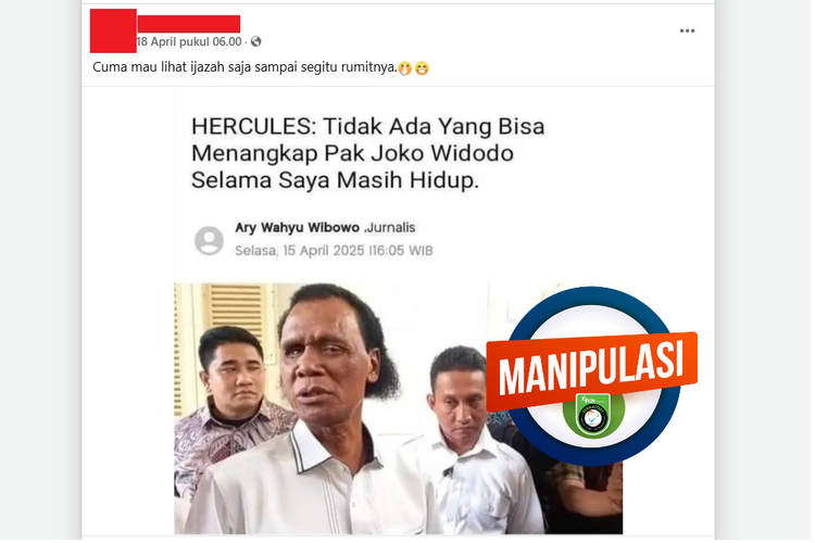 Tangkapan layar Facebook narasi yang mengeklaim Hercules menyebut tidak ada yang bisa menangkap Jokowi