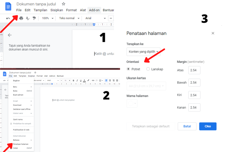 Ilustrasi cara page orientation di Gdocs