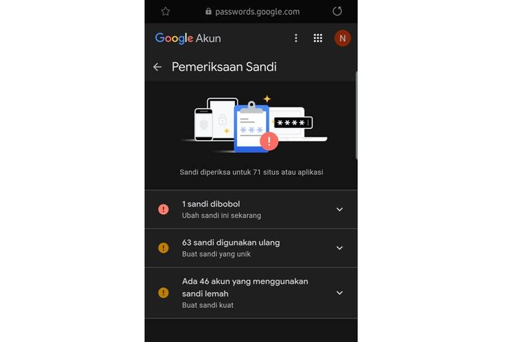 Tangkapan layar laman pemeriksaan sandi Google