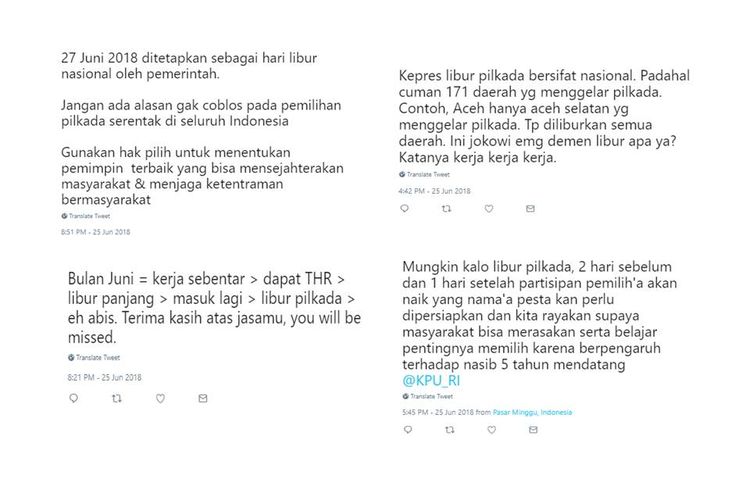 Ragam komentar netizen soal penetapan libur nasional saat hari pemungutan suara Pilkada Serentak pada 28 Juni 2018.