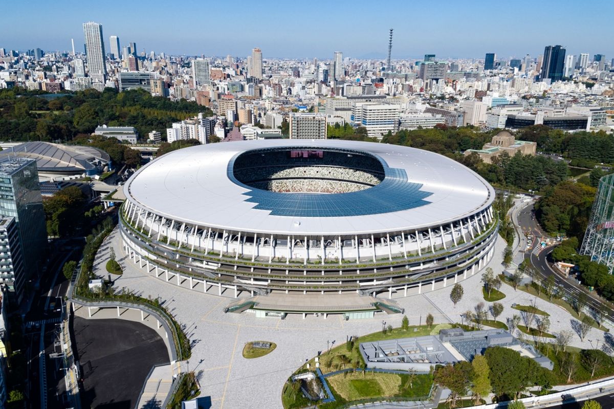 Japan National Stadium, akan digunakan untuk upacara pembukaan Olimpiade Tokyo 21 yang akan berlangsung pada  Jumat (23/7/2021). 
