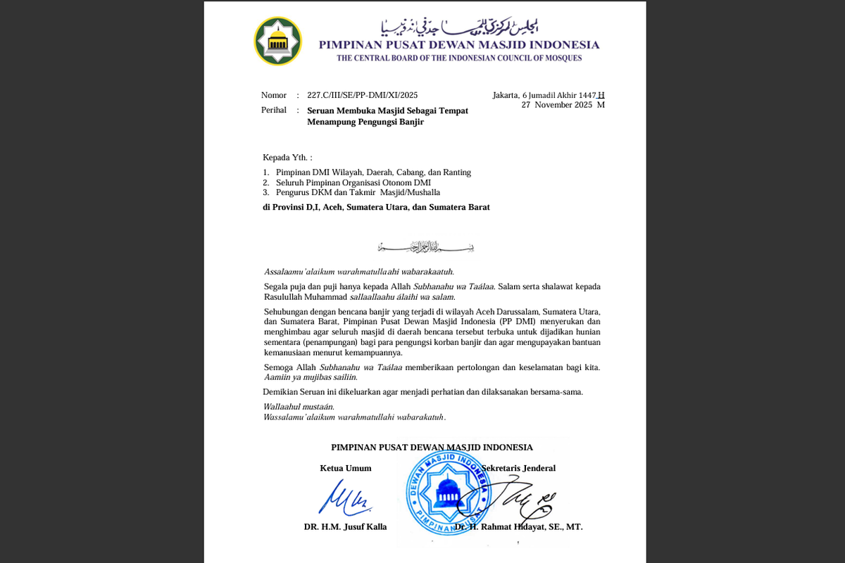 Dewan Masjid Indonesia menerbitkan Surat Edaran Nomor 227.C/III/SE/PP-DMI/XI/2025 yang menyerukan agar masjid menjadi shelter darurat pengungsi banjir Sumatera.