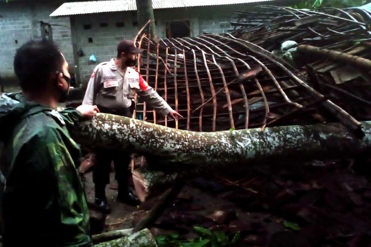 Rumah warga di Kecamatan Srengat, Kabupaten Blitar, Jawa Timur roboh tertimpa pohon tumbang akibat bencana angin kencang disertai hujan deras pada Kamis sore (8/4/2021)