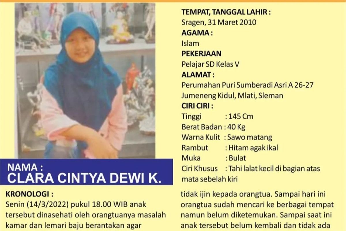 Tangkapan layar dari akun Instagram Polda DIY terkait informasi orang hilang yakni Clara Cintya Dewi K siswa kelas V SD warga Perumahan Puri Sumberadi Asri A26-27 Jumeneng Kidul, Kecematan Mlati, Kabupaten Sleman.
