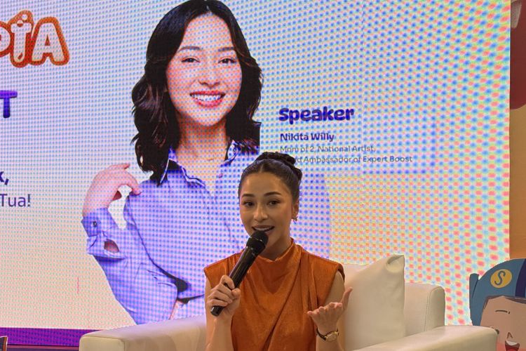 Aktris sekaligus ibu dua anak, Nikita Willy dalam acara live podcast Expert Boost by Tentang Anak di Pondok Indah, Jakarta Selatan, Sabtu (7/2/2026).
