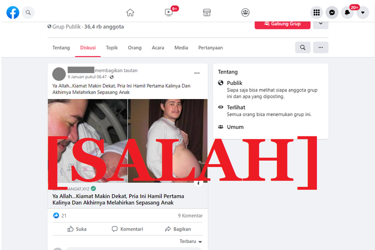 Tangkapan layar unggahan dengan narasi keliru di sebuah akun Facebook, yang menyebut bahwa seorang pria yang hamil dan melahirkan anak.