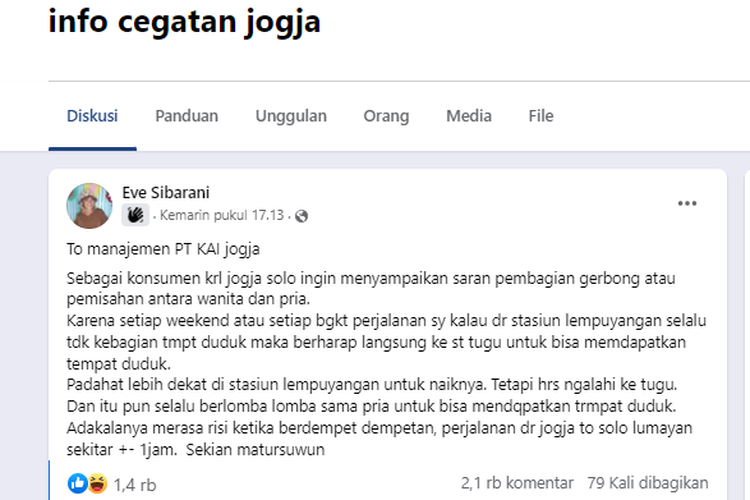 Tangkapan layar unggahan berisi saran mengenai adanya kereta khusus wanita di KRL Yogyakarta-Solo.
