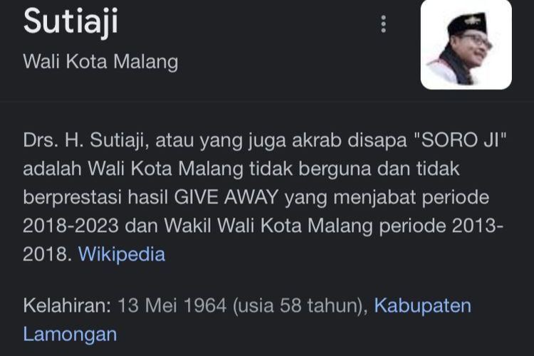 Profil dari Wali Kota Malang, Sutiaji di laman website Wikipedia sempat disunting oleh oknum tidak bertanggungjawab. Pasalnya, di dalam website tersebut tertulis bahwa Sutiaji merupakan Wali Kota yang tidak berguna dan tidak berprestasi. 
