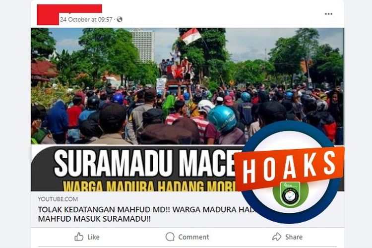 Tangkapan layar Facebook narasi yang menyebut warga Madura menolak kedatangan Mahfud MD