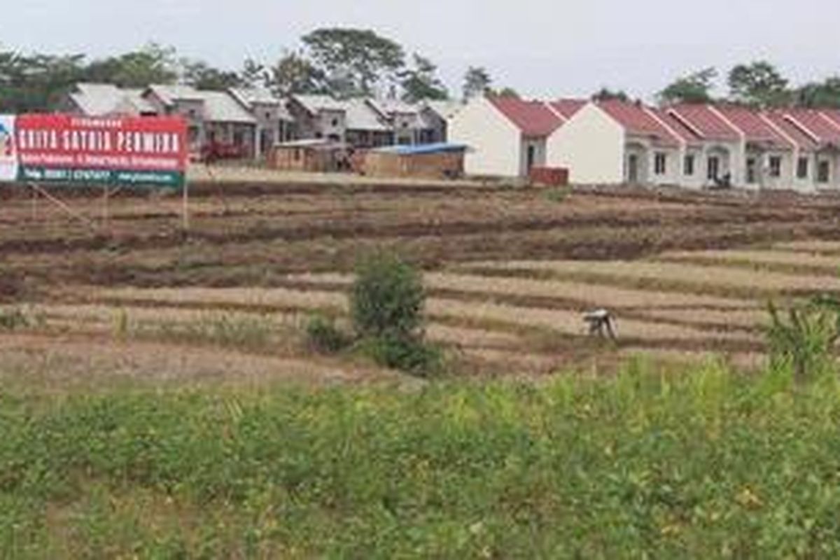 Lahan persawahan di Desa Jompo, Kecamatan Kalimanah, Kabupaten Purbalingga, Jawa Tengah, makin terdesak oleh pembangunan permukiman, Selasa (18/10/2011). Alih fungsi lahan pertanian di Jateng mencapai 2.000-2.500 hektar per tahun. Hal ini mengancam peran provinsi ini sebagai salah satu penyangga produksi padi nasional.