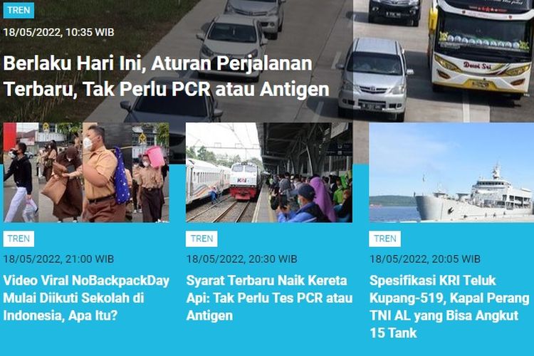 Aturan perjalanan terbaru menjadi berita terpopuler Tren sepanjang Rabu (18/5/2022).