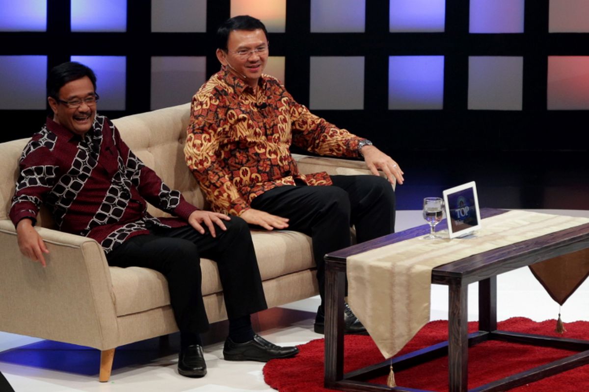 Calon gubernur dan wakil gubernur DKI Jakarta nomor urut dua,  Basuki Tjahaja Purnama  atau Ahok dan Djarot Saiful Hidayat hadir dalam acara debat di program Rosi di Kompas TV, Minggu (2/4/2017). Acara debat yang dirancang untuk dua pasangan cagub-cawagub DKI hanya dihadiri pasangan Ahok - Djarot. KOMPAS IMAGES/KRISTIANTO PURNOMO