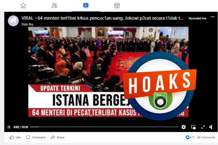 Tangkapan layar Facebook narasi yang menyebut bahwa Presiden Jokowi memecat 64 menteri karena terlibat kasus pencucian uang