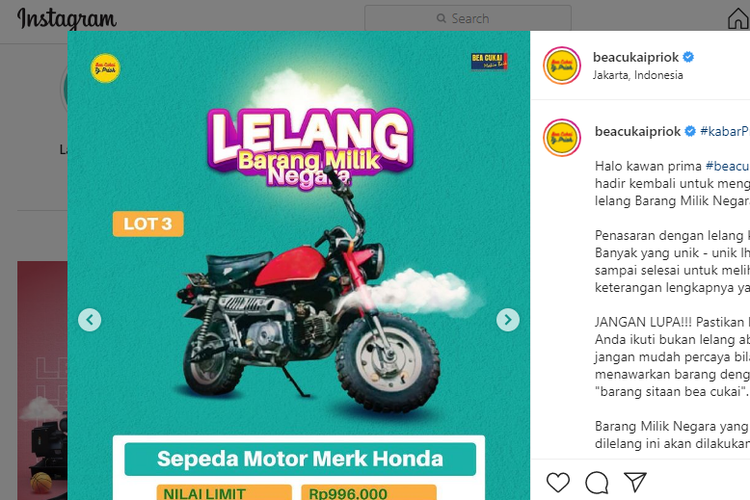 Tangkapan layar informasi lelang Honda Monkey Z50 