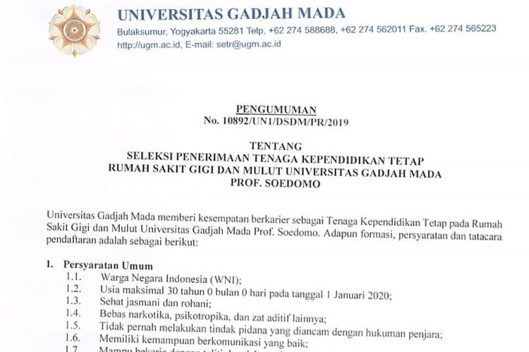 Pengumuman Seleksi Penerimaan Tenaga Kependidikan Tetap RSGM Prof.Soedomo