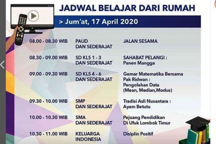 Tangkapan layar akun Instagram TVRI Nasional, jadwal Belajar dari Rumah 17 April 2020.