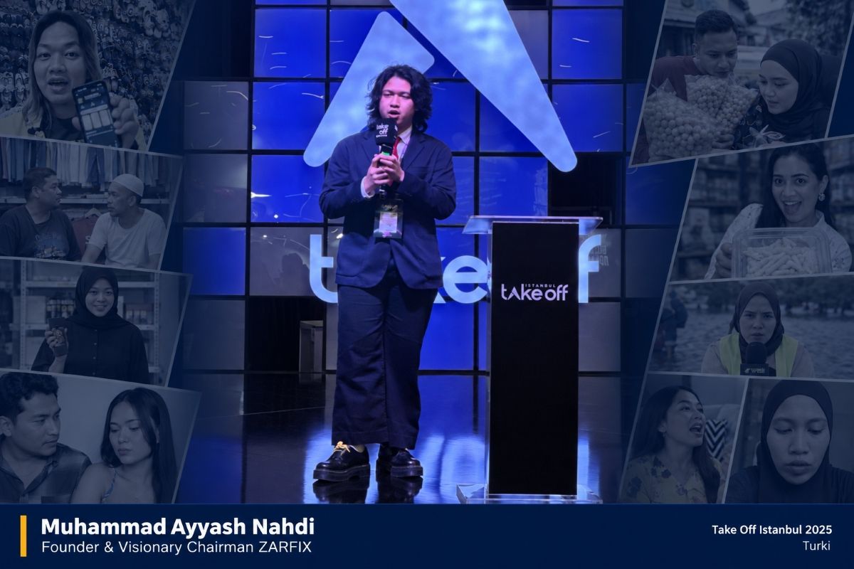 Founder and Visionary Chairman ZARFIX Muhammad Ayyash Nahdi menyampaikan paparan mengenai pengembangan ekosistem platform digital ZARFIX dalam ajang teknologi Take Off Istanbul 2025 di Turki. 