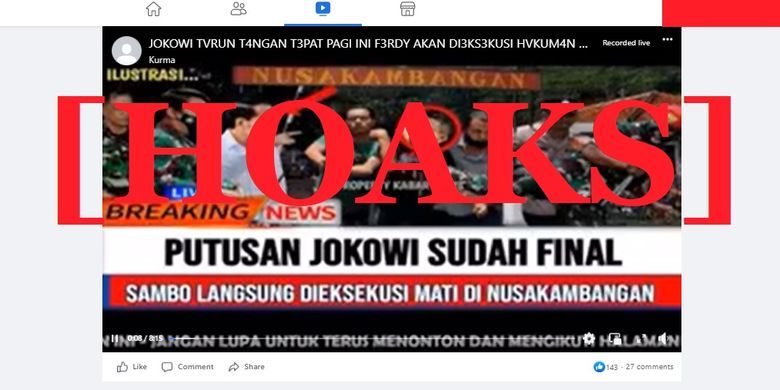 Tangkapan layar Facebook narasi yang menyebut bahwa Presiden Jokowi memutuskan untuk mengeksekusi mati Ferdy Sambo di Nusakambangan 
