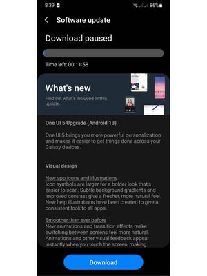 Jendela pembaruan OneUI 5.0 yang didesain berbasis Android 13 bisa di-download di ponsel Galaxy A73 5G.