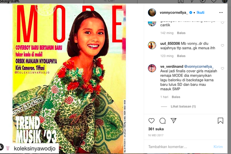 Tangkapan layar Instagram Vonny Cornellya. Ia mengawali kariernya dengan menjadi pemenang ajang pemilihan majalah Mode
