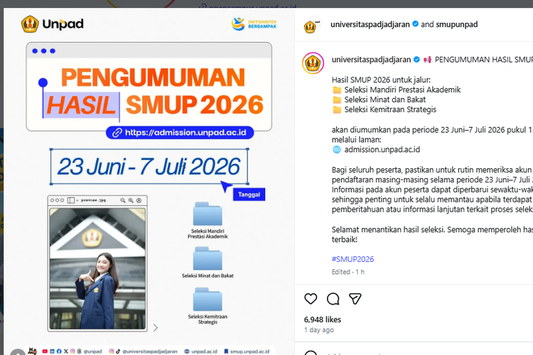 Link Pengumuman SMUP Unpad 2026, Mulai Hari Ini Jam 3 Sore