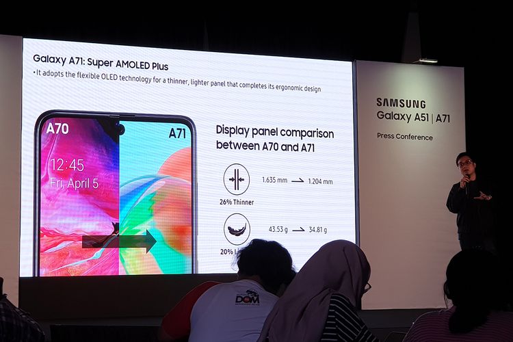 Product Marketing Manager Samsung Indonesia Irfan Rinaldi saat menjelaskan keunggulan layar Galaxy A71 dalam acara peluncurannya di Jakarta, Selasa (14/1/2020).